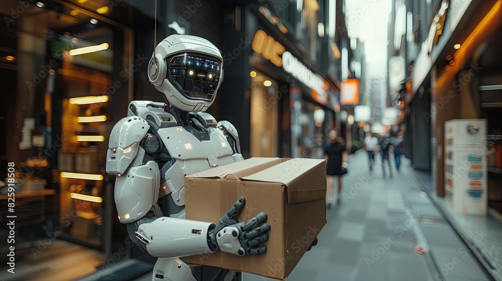 A humanoid AI robot is carrying a delivery box. The impact of artificial intelligence and robots on replacing humans A humanoid AI robot is carrying a delivery box. The impact of artificial intelligence and robots on replacing humans