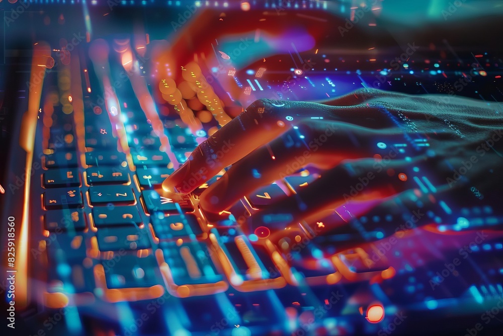 Close-up of hands typing on laptop keyboard with futuristic digital interface overlays, representing technology and cybersecurity. Close-up of hands typing on laptop keyboard with futuristic digital interface overlays, representing technology and cybersecurity.
