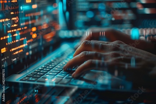 Close-up of hands typing on a keyboard with code displayed on a screen, representing cybersecurity and software development.