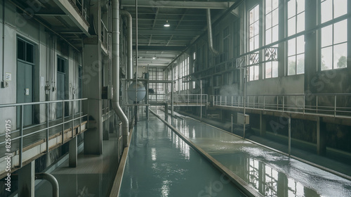 Industrial water treatment plant with large water channels and pipes.
