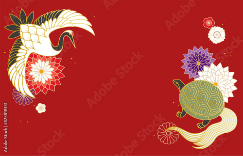鶴と亀と和花の背景イラスト素材 ベクター 縁起物 敬老の日 寿 長寿 祝い 年賀
