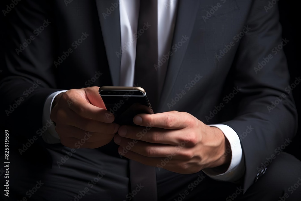 Businessman in a dark suit using a smartphone, focusing on hand movements and modern technology in a professional setting. Businessman in a dark suit using a smartphone, focusing on hand movements and modern technology in a professional setting.