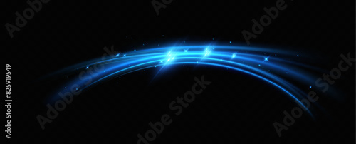 Abstract light lines of speed movement, blue colors.Neon glowing curves.Abstract motion.Neon lines of blue speed. Dynamic traces.