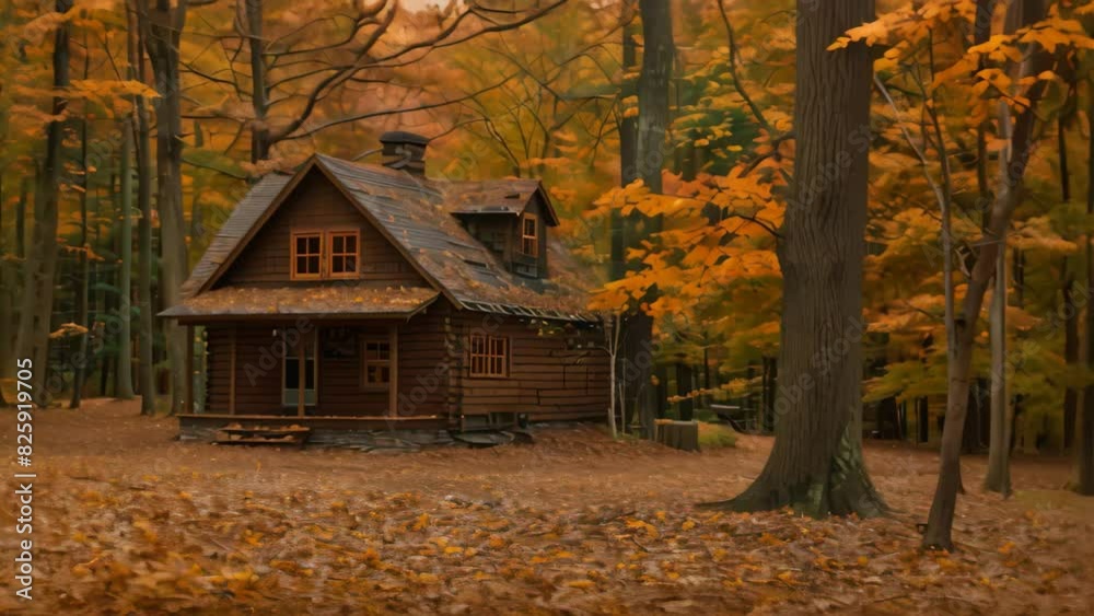 A log cabin nestled in the woods, enveloped by vibrant fall leaves, A cozy cabin tucked away in the changing leaves A log cabin nestled in the woods, enveloped by vibrant fall leaves, A cozy cabin tucked away in the changing leaves
