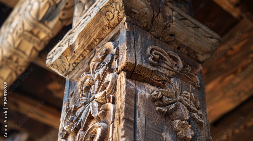 Detailed carvings decorating the wooden structure of a traditional windmill. Detailed carvings decorating the wooden structure of a traditional windmill.