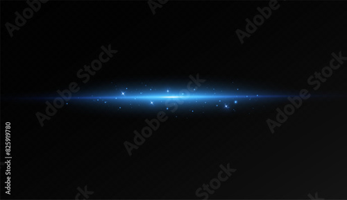 Blue flash on a transparent background. Flying magic blue dust. Glowing line. Vector illustration.Bright line of light, beam. Magic glow, particles of light.