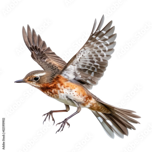 Thrush bird fly full body isolate on transparency background PNG