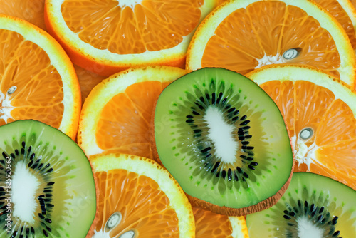fruit plate. A large number of juicy slices of orange and kiwi lie on a white background, top view close-up fruit concept