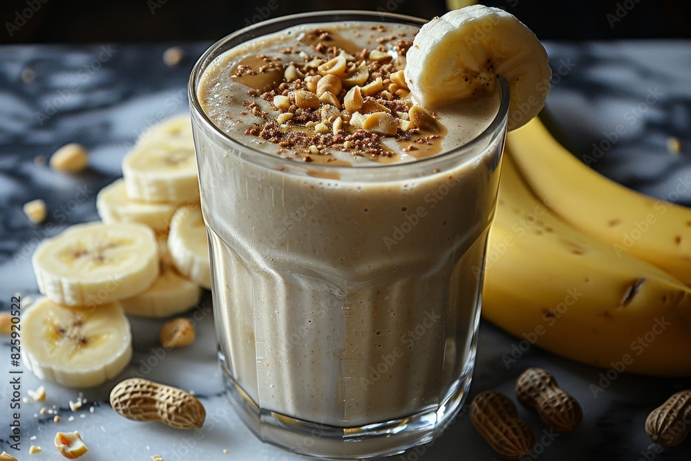 Banana Peanut Butter Smoothie - Creamy light brown with banana slices and a sprinkle of crushed peanuts. Banana Peanut Butter Smoothie - Creamy light brown with banana slices and a sprinkle of crushed peanuts.