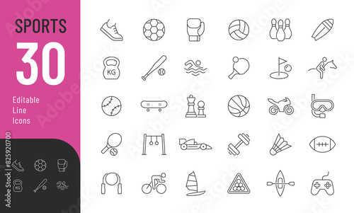 Sports Editable Icons set. Vector illustration in modern thin line style of sports equipment and activities icons: balls, skateboard, cycling, and more. Pictograms and infographics for mobile apps.