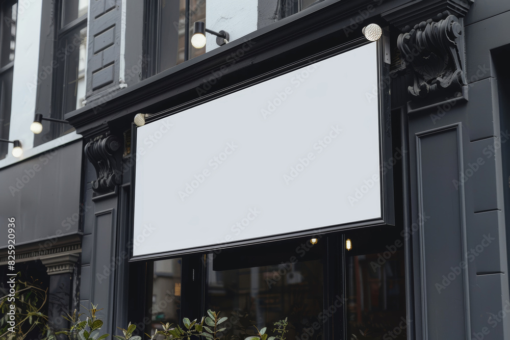 Blank store sign for mockup in city setting Blank store sign for mockup in city setting