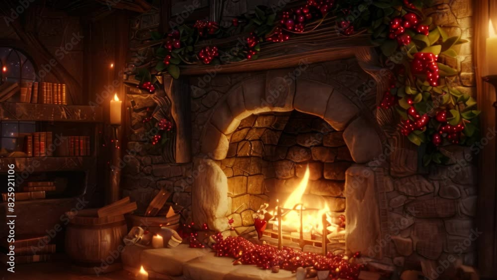 A fireplace adorned with a bunch of vibrant red berries, adding a festive touch to the cozy setting, A cozy fireplace crackling with warmth A fireplace adorned with a bunch of vibrant red berries, adding a festive touch to the cozy setting, A cozy fireplace crackling with warmth