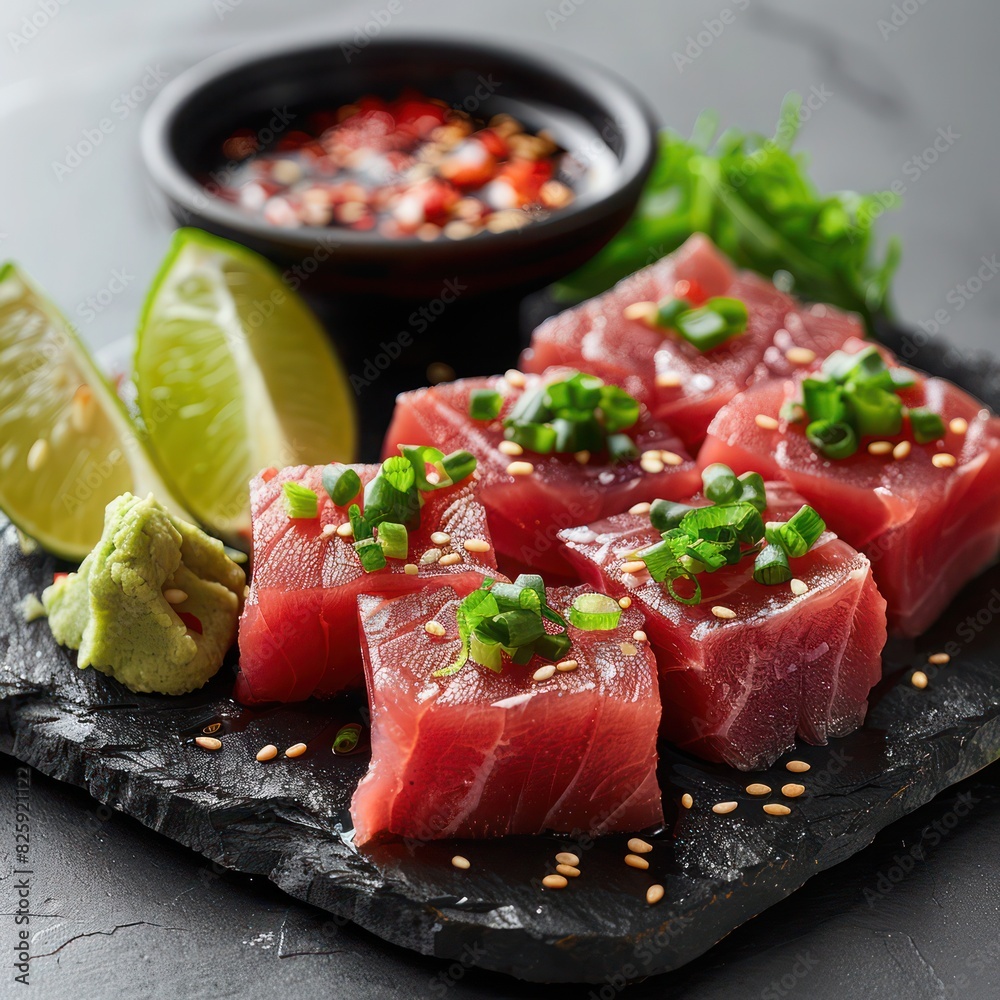 a generous portion of freshly cut raw tuna sashimi a generous portion of freshly cut raw tuna sashimi