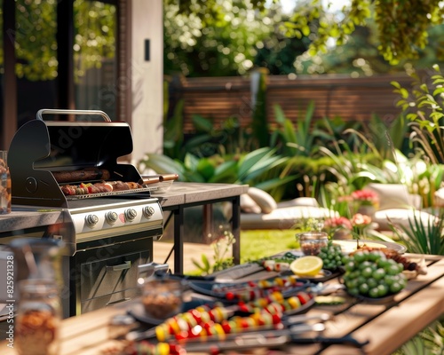 Hosting a summer barbecue in a backyard garden Theme outdoor cooking - front view - grilling delights - advanced tone - black and white photo