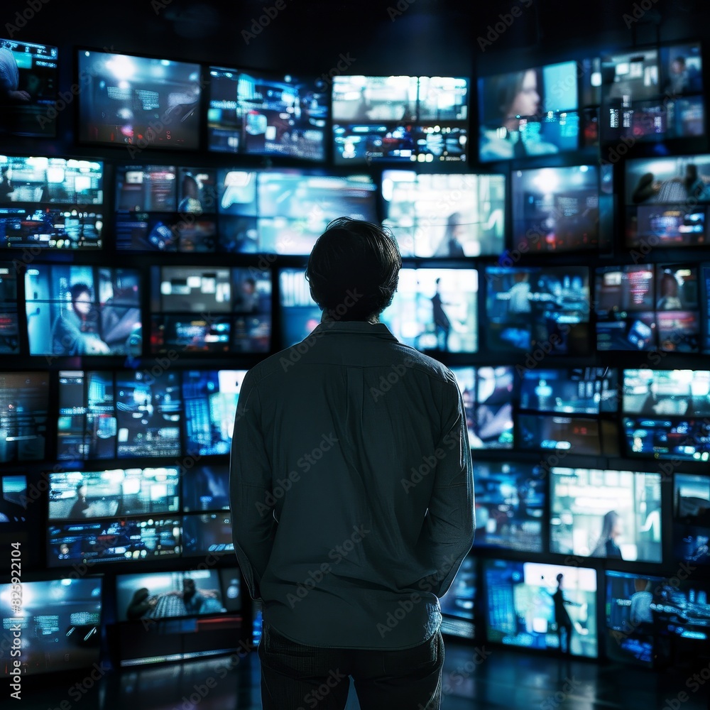 A man stands in front of a wall of computer monitors