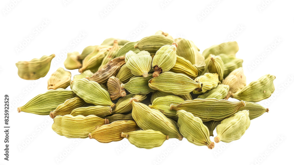A collection of green cardamom seeds stacked neatly on a white background A collection of green cardamom seeds stacked neatly on a white background