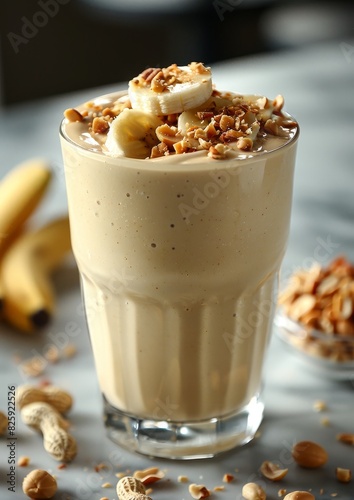 Banana Peanut Butter Smoothie - Creamy light brown with banana slices and a sprinkle of crushed peanuts. 