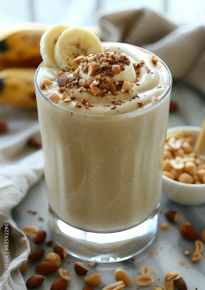 Banana Peanut Butter Smoothie - Creamy light brown with banana slices and a sprinkle of crushed peanuts. 