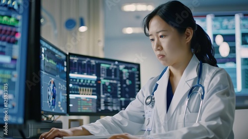 Doctor analyzes medical data on multiple computer screens in a modern laboratory, focusing on patient health and clinical research.
