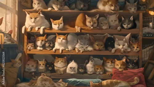 A painting depicting a room bustling with numerous cats of varying colors and sizes, A cozy shelter filled with furry friends waiting for their forever homes photo