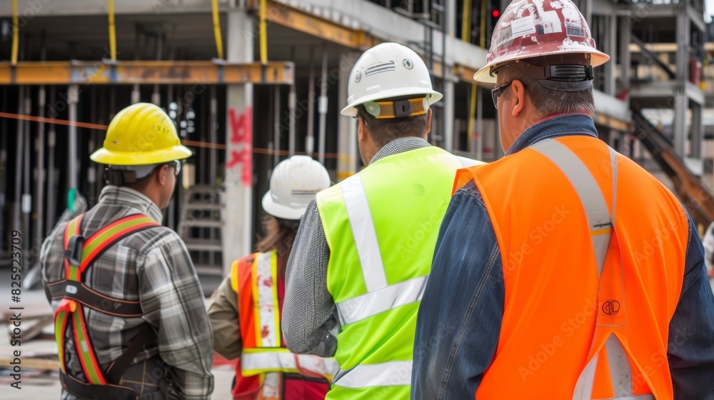 Industrial workers in safety vests and hard hats collaborating on a project, engineer, industrial, safety, construction, factory, building, development, architect, production Industrial workers in safety vests and hard hats collaborating on a project, engineer, industrial, safety, construction, factory, building, development, architect, production