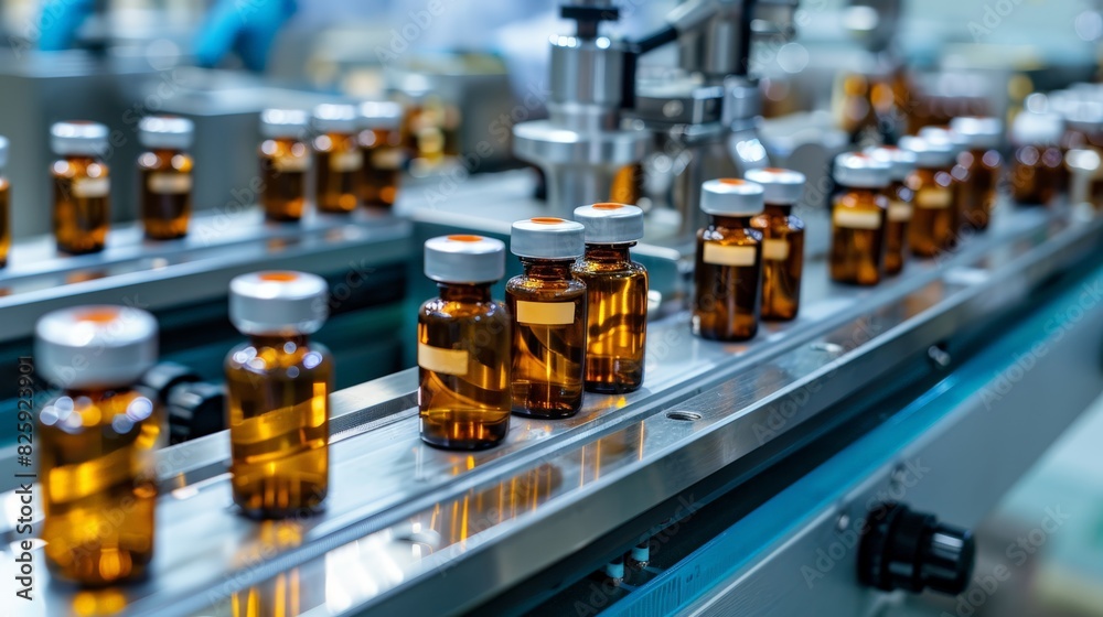 Medical vials on production line at pharmaceutical factory, Pharmaceutical machine working pharmaceutical glass bottles production line, health care, pandemic Medical vials on production line at pharmaceutical factory, Pharmaceutical machine working pharmaceutical glass bottles production line, health care, pandemic