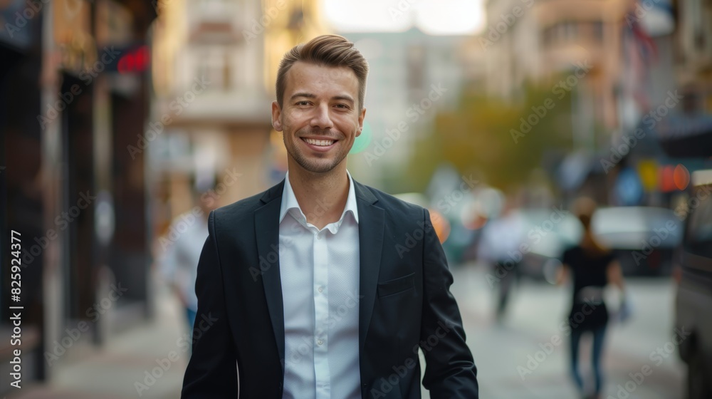 portrait of a handsome smiling young businessman boss in a black suit walking on a city street to his company office. blurry street background, confident portrait of a handsome smiling young businessman boss in a black suit walking on a city street to his company office. blurry street background, confident