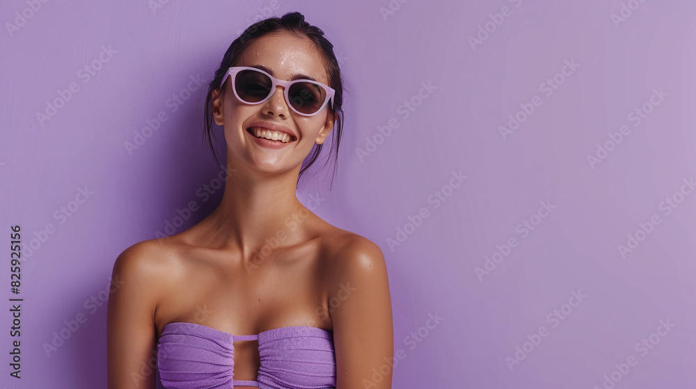 Joyful young woman in a swimsuit and glasses on a purple background Joyful young woman in a swimsuit and glasses on a purple background