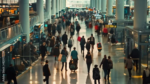 Crowd of travelers walking through an airport terminal with luggage and bags, A crowded airport terminal filled with travelers hauling luggage and looking for their gates