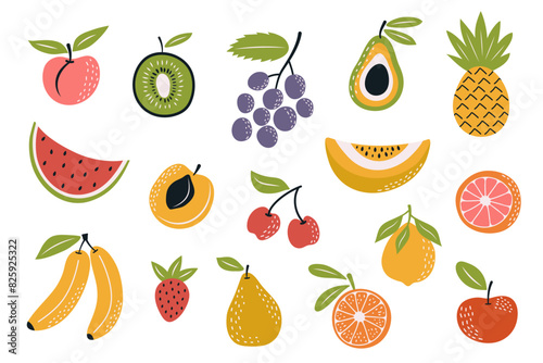 Set of simple fruits in the style of nursery art. Cute fruit for stickers, posters, cards, invitations and nursery room decor in boho style.