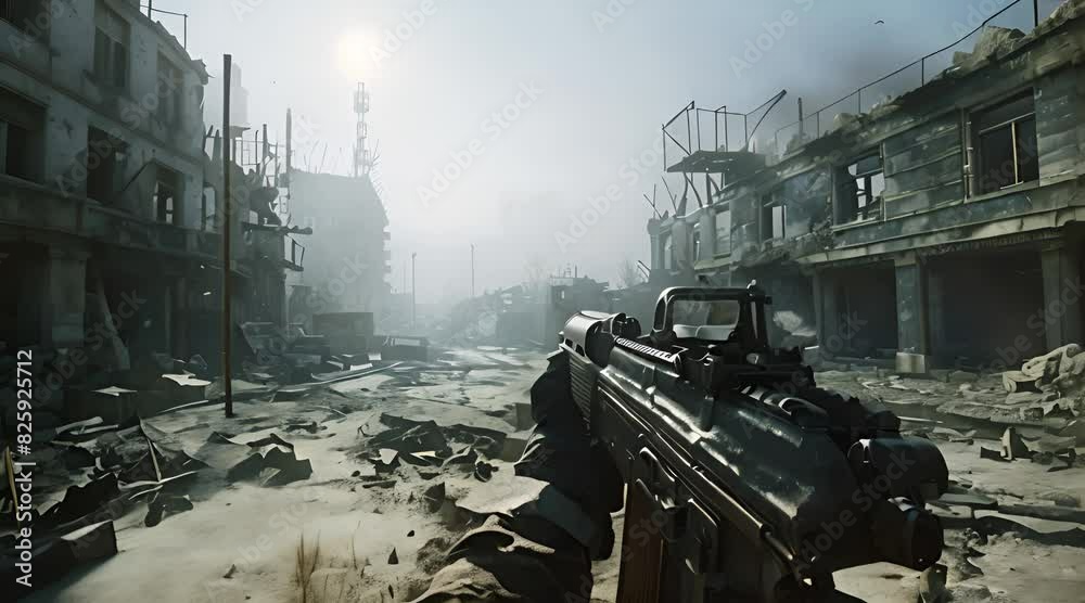 A post-apocalyptic scene showing a soldier navigating through a ruined city. The perspective is from the soldier's point of view, with a rifle in hand, surrounded by destroyed buildings, debris, and a A post-apocalyptic scene showing a soldier navigating through a ruined city. The perspective is from the soldier's point of view, with a rifle in hand, surrounded by destroyed buildings, debris, and a