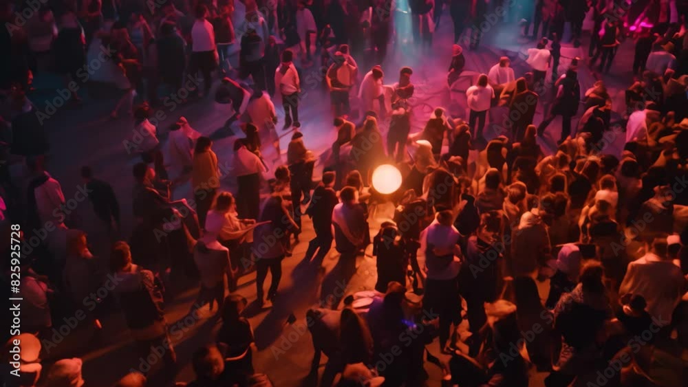 A large crowd of individuals standing closely together in a social gathering, A crowded dance floor with vibrant colors A large crowd of individuals standing closely together in a social gathering, A crowded dance floor with vibrant colors