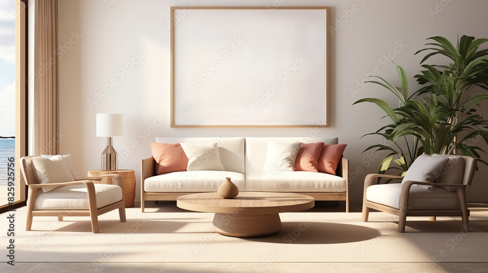 Cozy Modern Furniture Room, Blank Wooden Frame in Bright Setting, 3D Render Cozy Modern Furniture Room, Blank Wooden Frame in Bright Setting, 3D Render