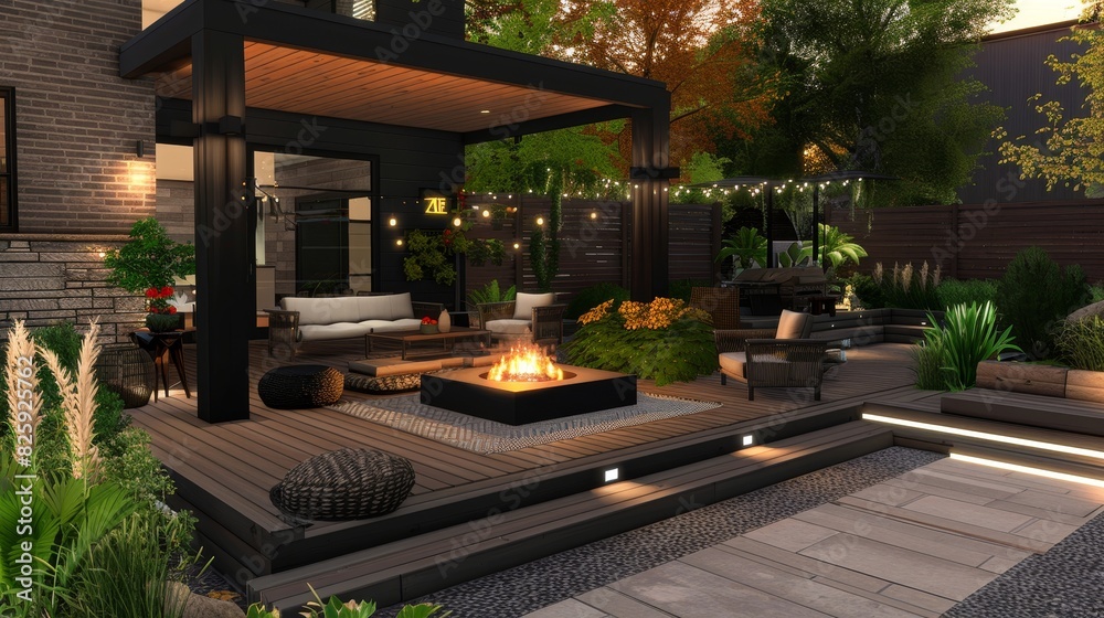 a cozy modern backyard with a fire pit area 