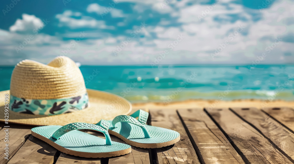 Obraz premium Flip-flops and a straw hat on a wooden deck with a beautiful beach and turquoise ocean in the background, capturing a relaxing summer vacation vibe