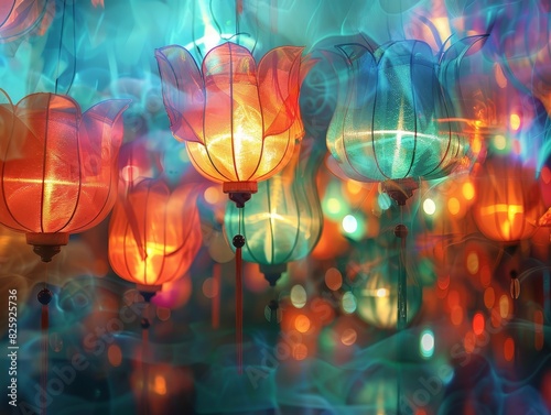 Colorful abstract lanterns glowing with vibrant and dreamy lighting effects, creating a festive and magical atmosphere.
