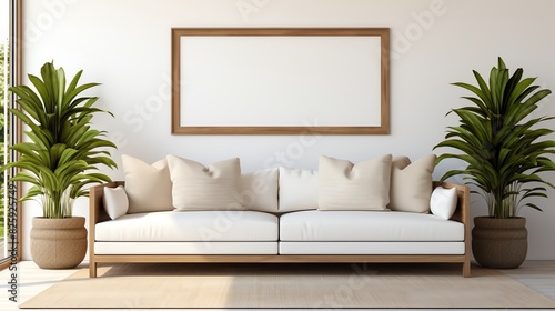 Stylish Modern Living Room Mockup, Cozy White Sofa, Large Green Plants, and Blank Picture Frame on Wall, 3D Render