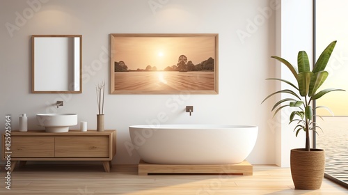 Elegant modern bathroom with a luxurious freestanding bathtub  wooden furniture  large window  and serene sunset artwork. 3D Render