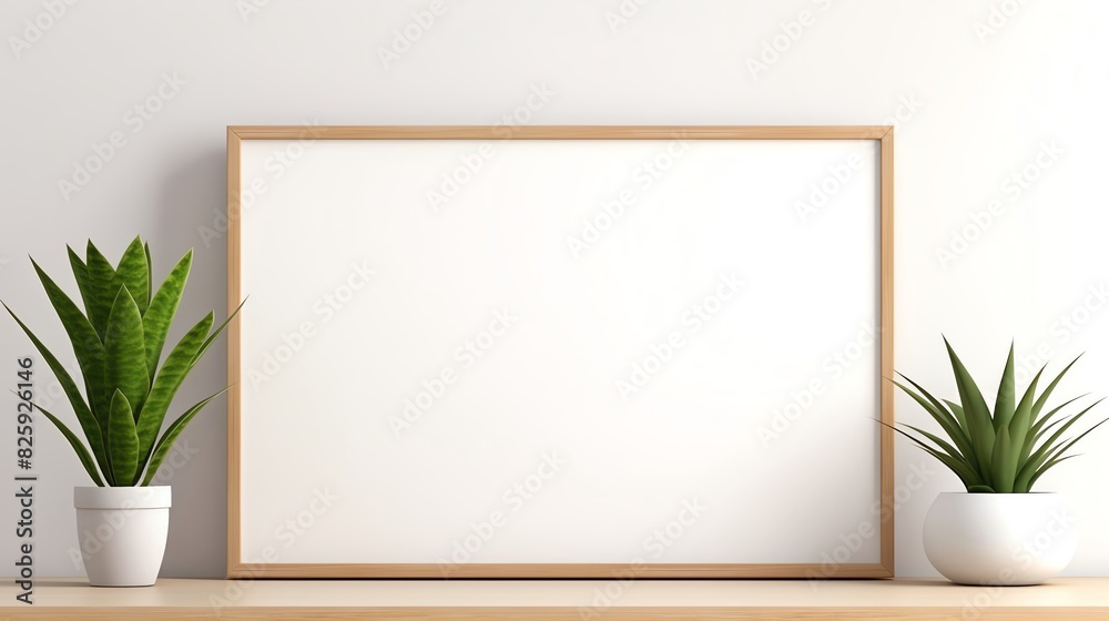 Minimalist wooden frame with blank white surface with two potted green plants against a simple wall, 3d render