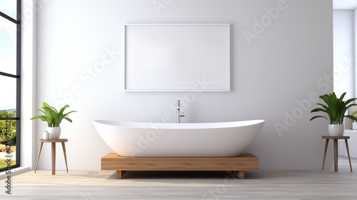 A tranquil bathroom frame mockup   with a clean white bathtub  minimalistic fixtures  and soft white towels  in a fresh  bright setting  3d render