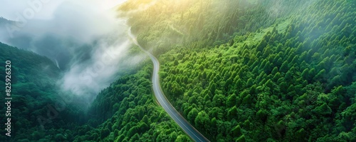 Straight road with green trees, foggy mountains in the background, tranquil and ethereal photo