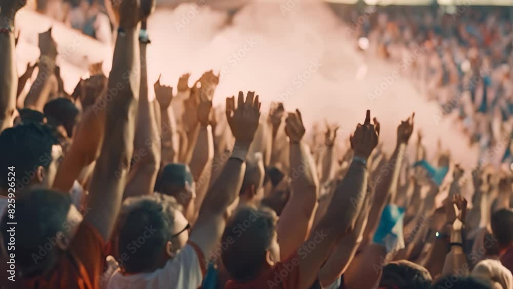 Large group of people with arms up in excitement, cheering at a sports event or concert in a packed stadium, A crowd of fans cheering in the stands