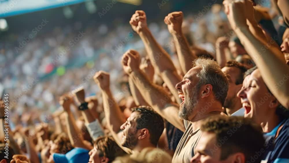 A massive crowd of enthusiastic fans cheering and waving at a sports event in packed stands, A crowd of fans cheering in the stands