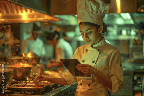 A female chef in uniform writing on a digital tablet while standing near a stove. Kitchen staff are working behind her in the restaurant.