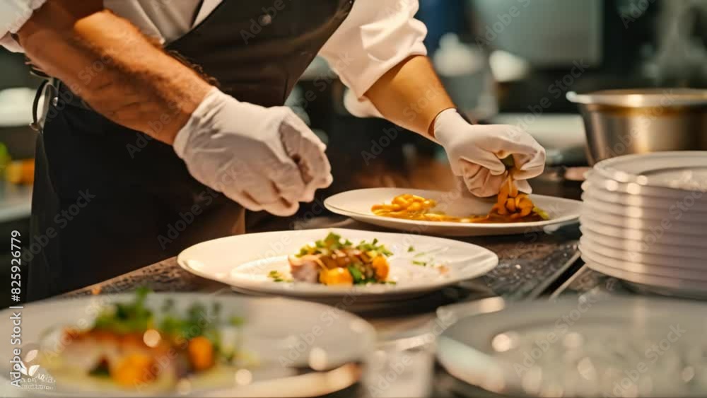 A chef is busy preparing food on plates in a commercial kitchen setting, A culinary experience not to be missed A chef is busy preparing food on plates in a commercial kitchen setting, A culinary experience not to be missed