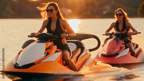 Fashionable water sports gear takes centre stage as models elegantly rotate on jet skis and paddleboards photo