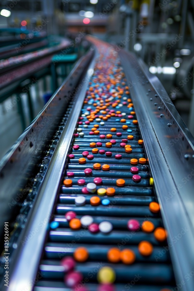 Health, Science and Lab Test Concepts: A conveyor belt with pills on it