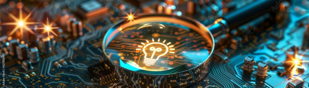 Fototapeta premium Exploring innovation, magnifying glass focusing on a light bulb icon over a complex circuit board