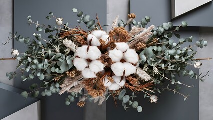 Flowers border with green eucalyptus branches and dry cotton flowers on grey background top view
