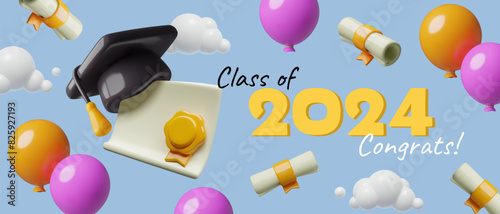 Graduation 2024 congratulation banner 3d vector design. Vibrant three dimensional render balloons and diplomas flying in the air. 